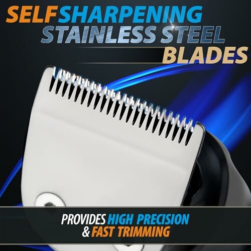 Close-up of self-sharpening stainless steel blades with text promoting high precision and fast trimming.